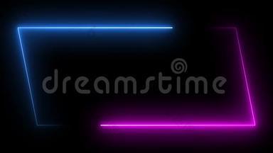 平行四边形矩形画框与两个色调霓虹灯彩色运动图形上的孤立黑色背景。 蓝色和粉红色